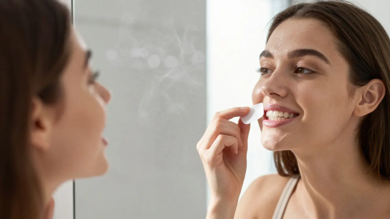 Žena si pečlivě aplikuje bělicí pásku na zuby před zrcadlem.