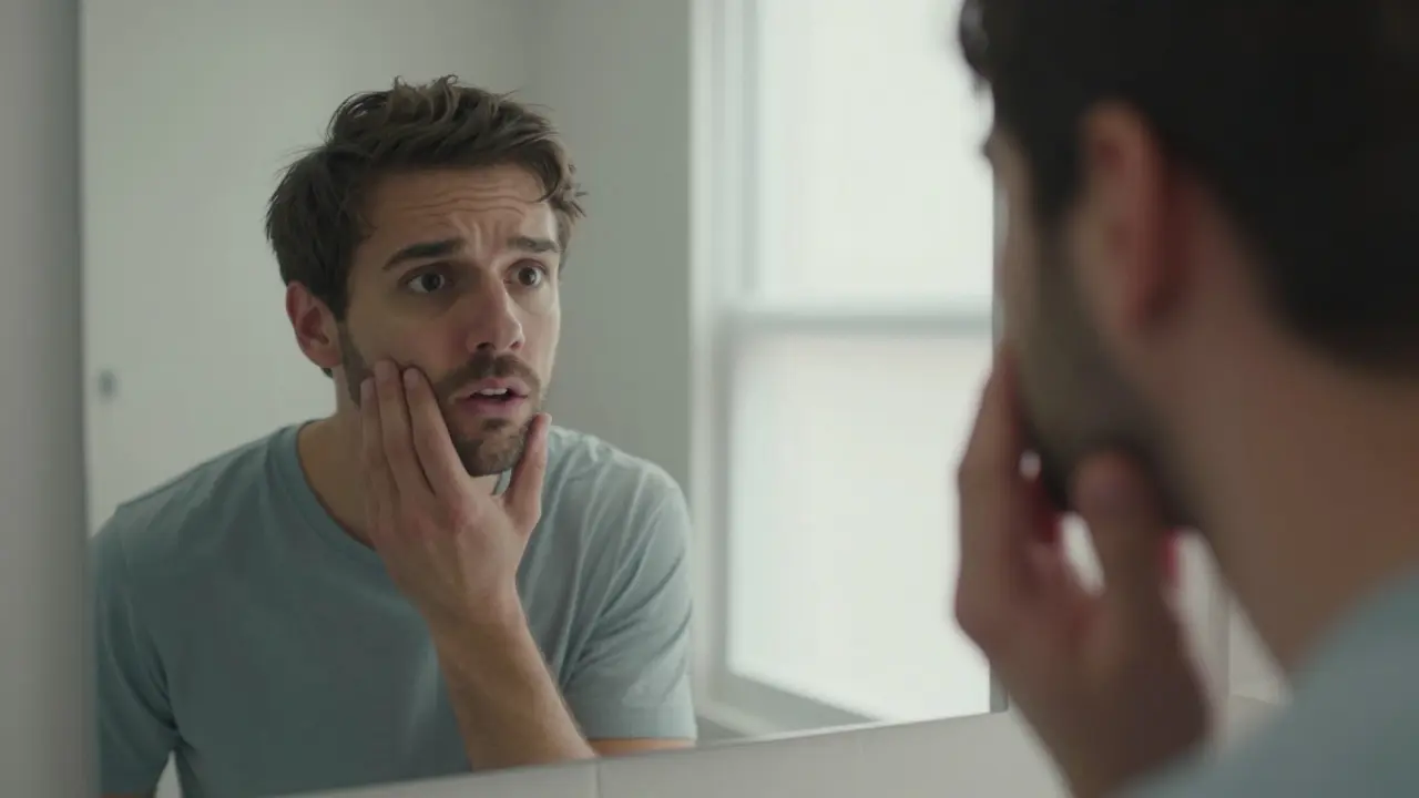 Znázornění znepokojeného člověka kontrolujícího zub v zrcadle.