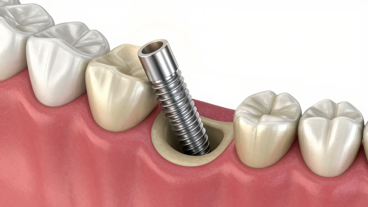 3D ilustrace zubního implantátu integrovaného do čelistní kosti