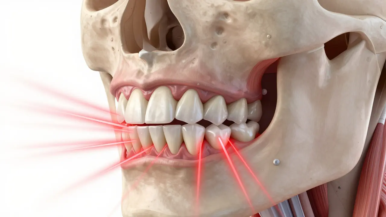 Anatomický pohled na tlak na čelistní kloub a zuby při broušení