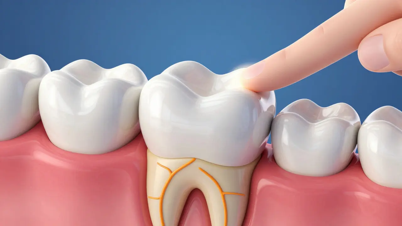 Ilustrace průřezu zubem ukazující sklovinu a citlivý dentin