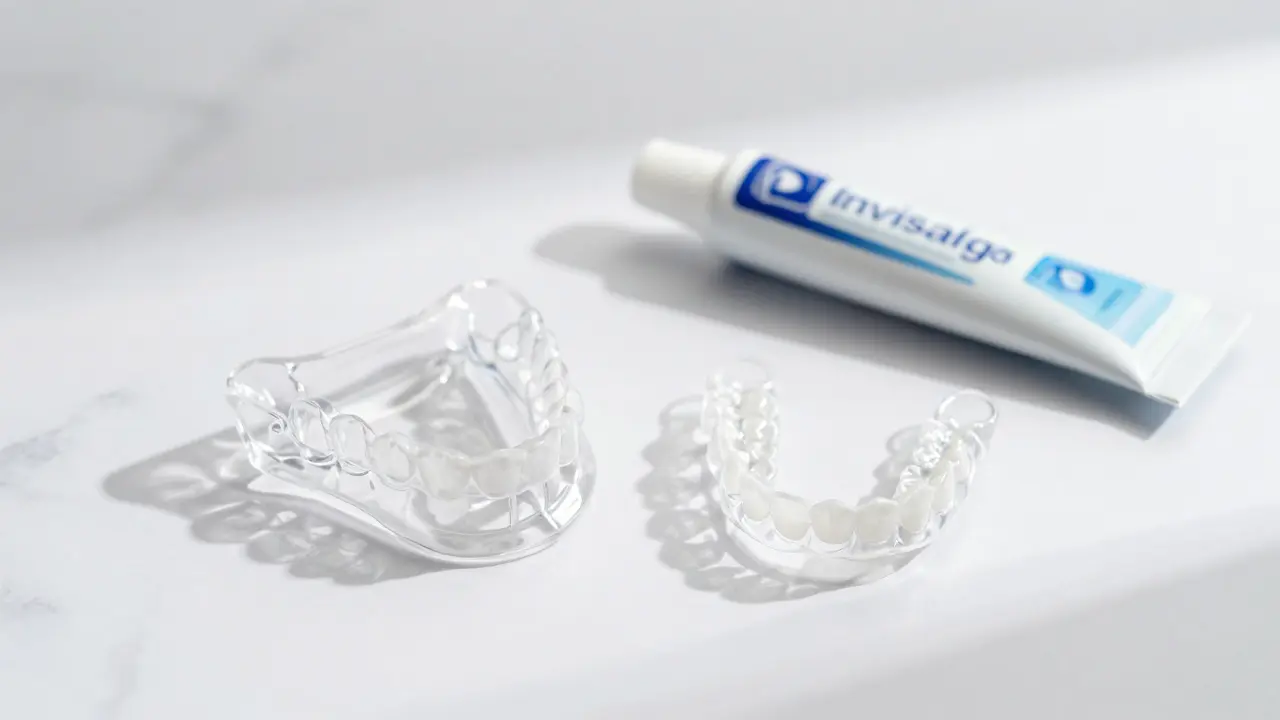 Průhledné rovnátka Invisalign a keramická rovnátka na bílém podkladu