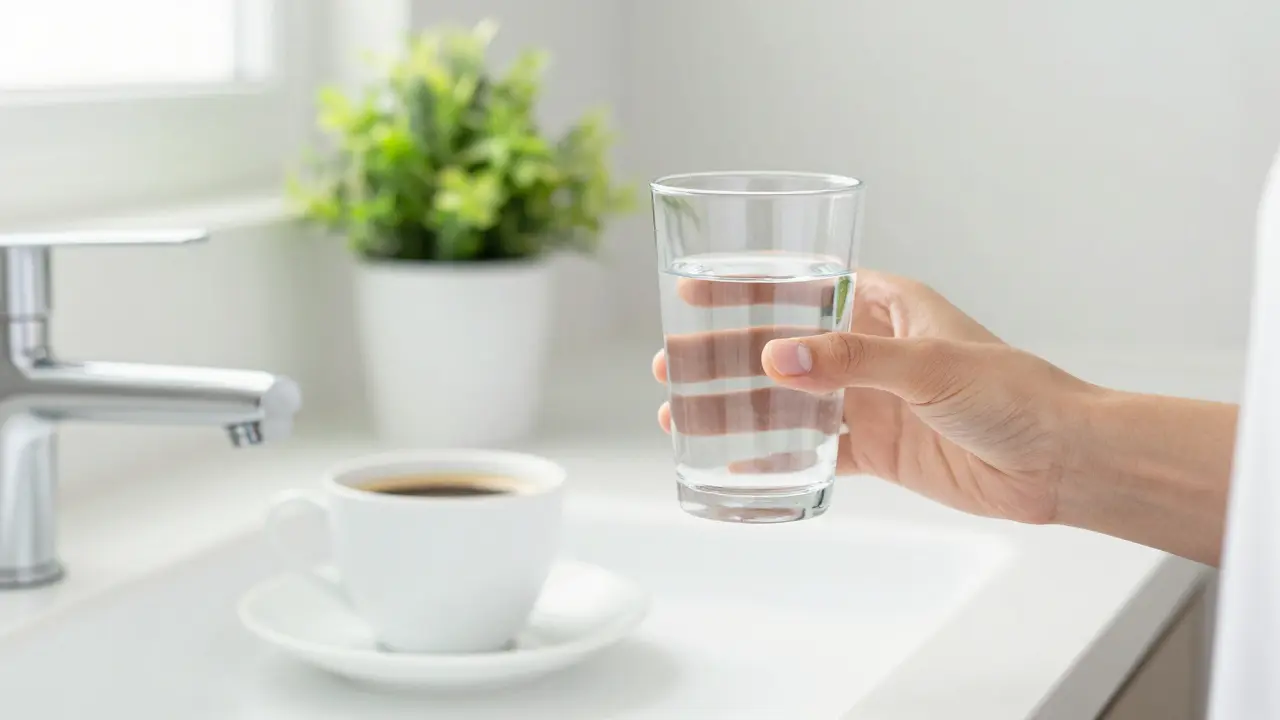 Sklenice vody vedle kávy jako symbol hydratace pro zdraví zubů
