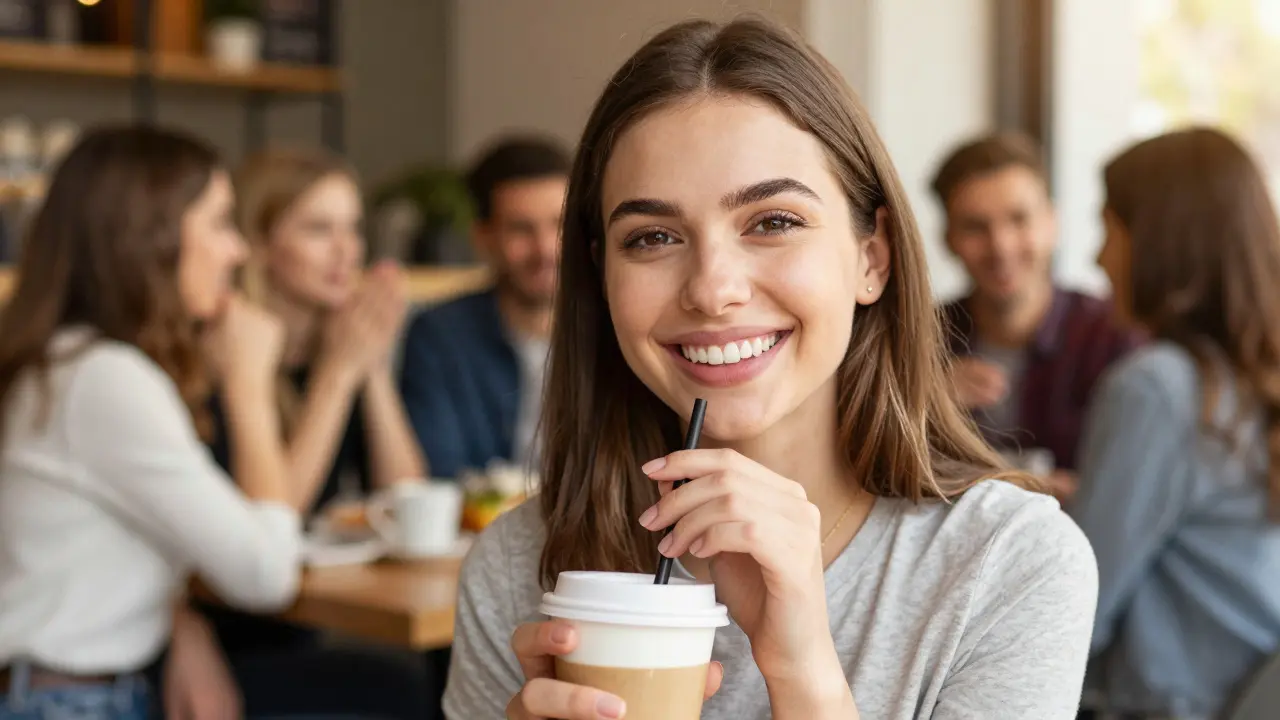 Úsměv ženy s perfektními zuby při pití kávy v kavárně