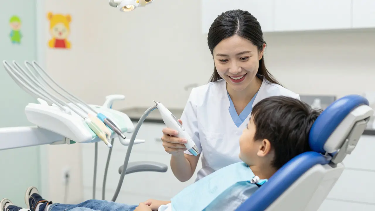 Dentální hygienistka uklidňuje dítě během profesionálního čištění