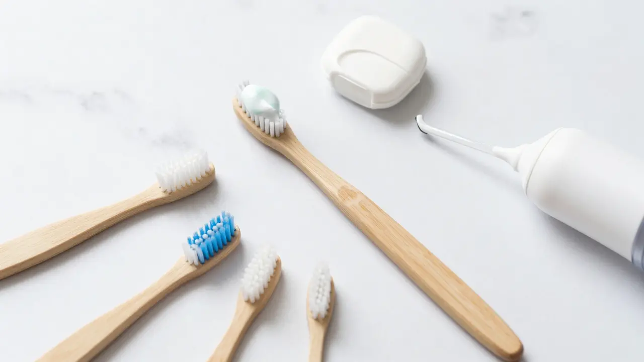 Hygienické pomůcky pro čištění zubů na mramoru