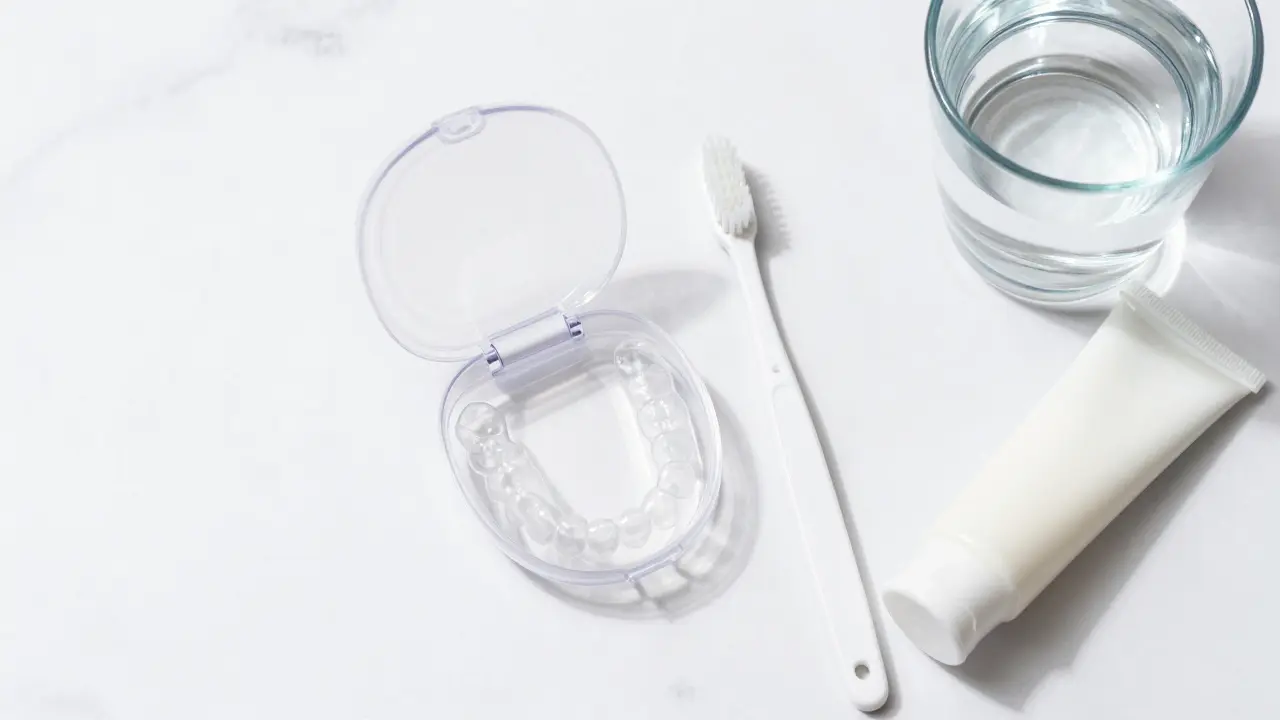 Otevřená krabička s neviditelnou náplastí a potřebami pro hygienu