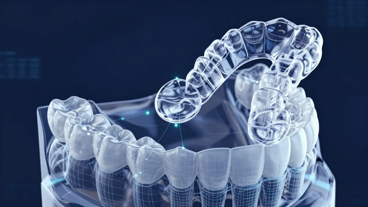 Průhledná náplast nad digitálním 3D modelem zubů pro plánování léčby
