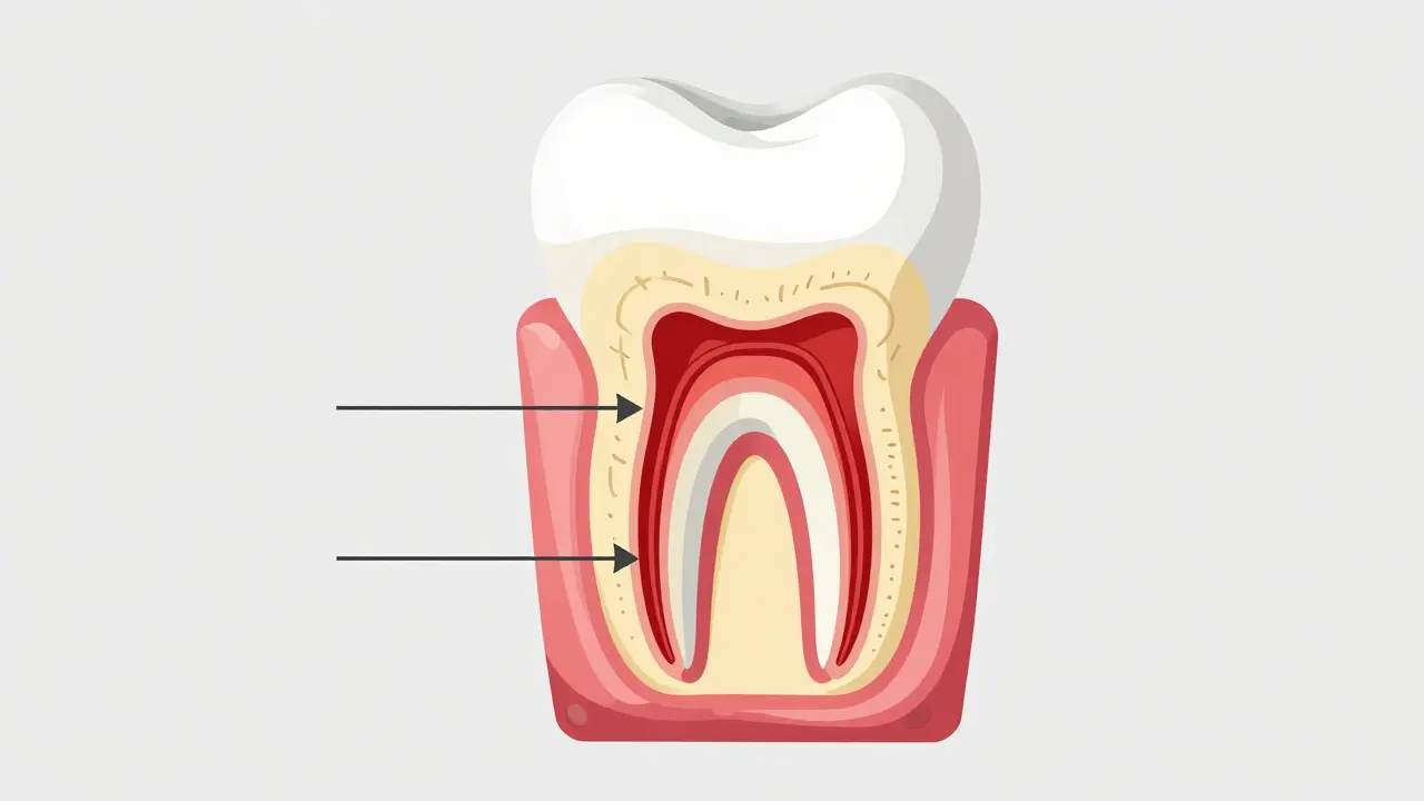 Schéma zubu ukazující email, dentin a nervovou pulpu