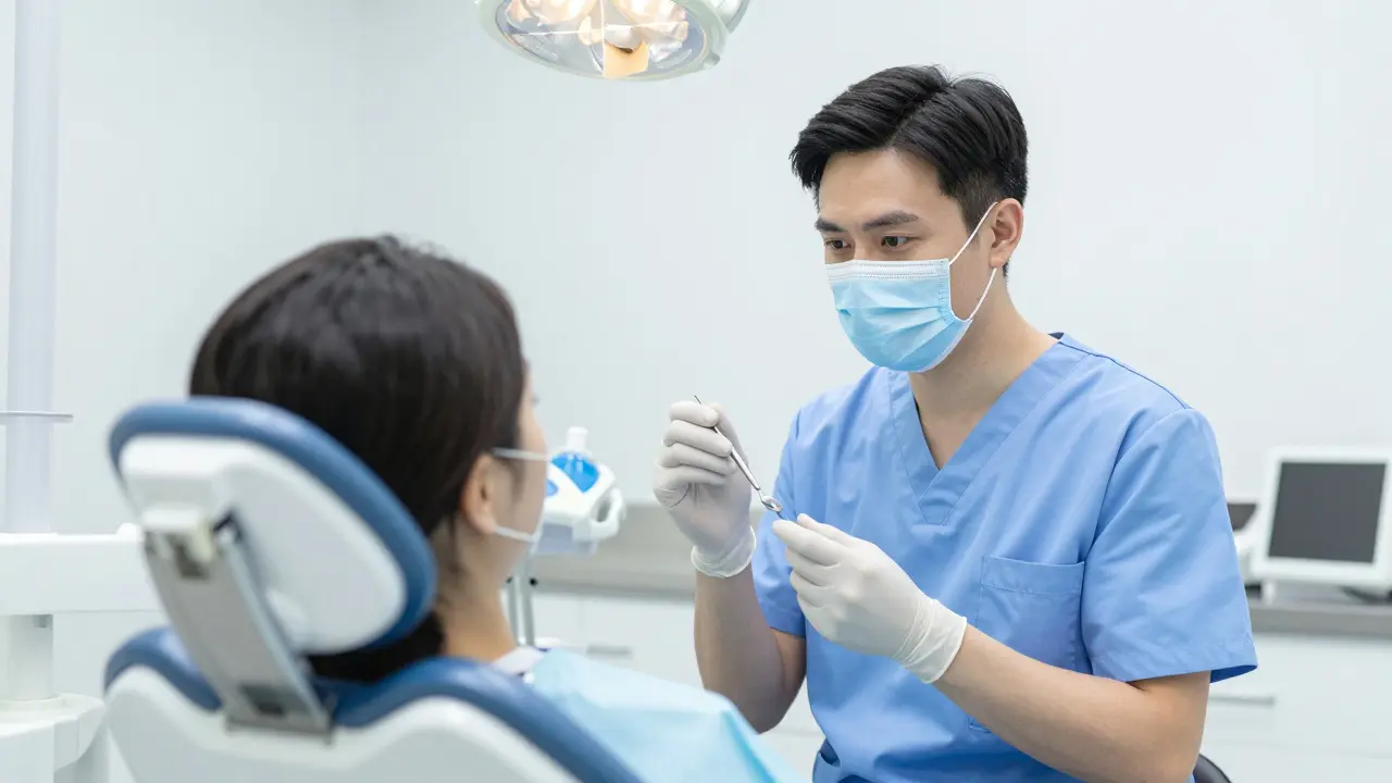 Stomatolog vyšetřuje pacienta v moderní klinice