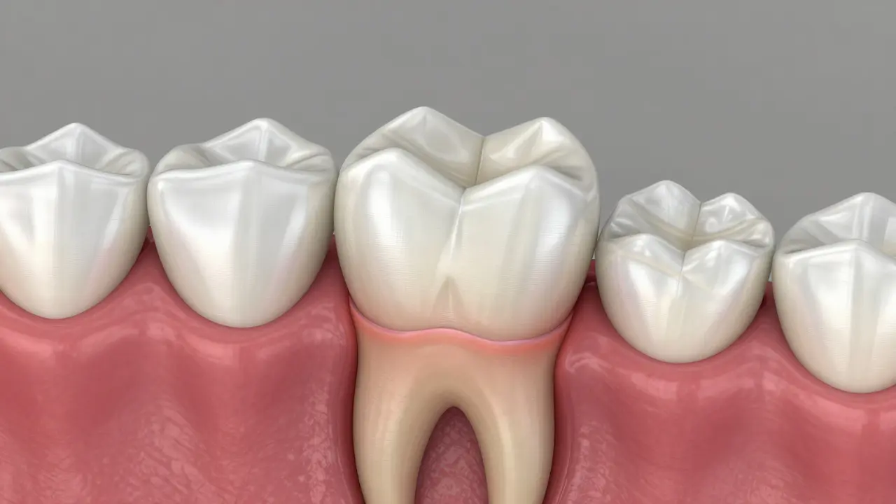 3D vizualizace zubu s keramickým onlayem ukazující zánět kolem kořene způsobený špatným skusem.