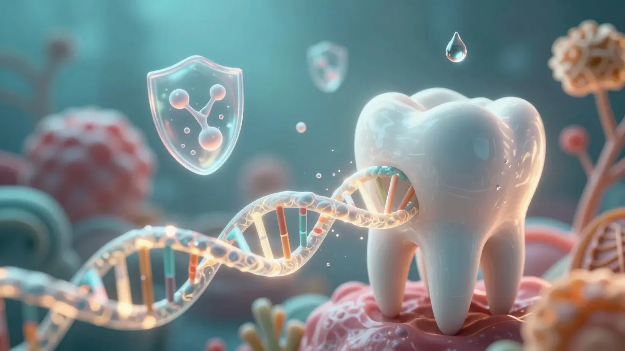 DNA spirála propletená se zubem a ochrannými slinami