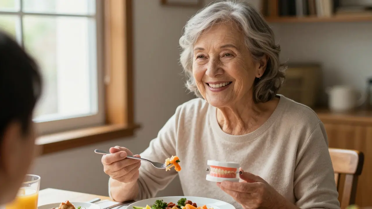 Důvěřivý úsměv seniorky při jídle