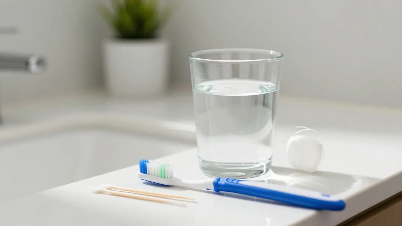 Hygienické potřeby včetně kartáčku, nitě a soli pro prevenci zánětů na čistém pultu v koupelně.