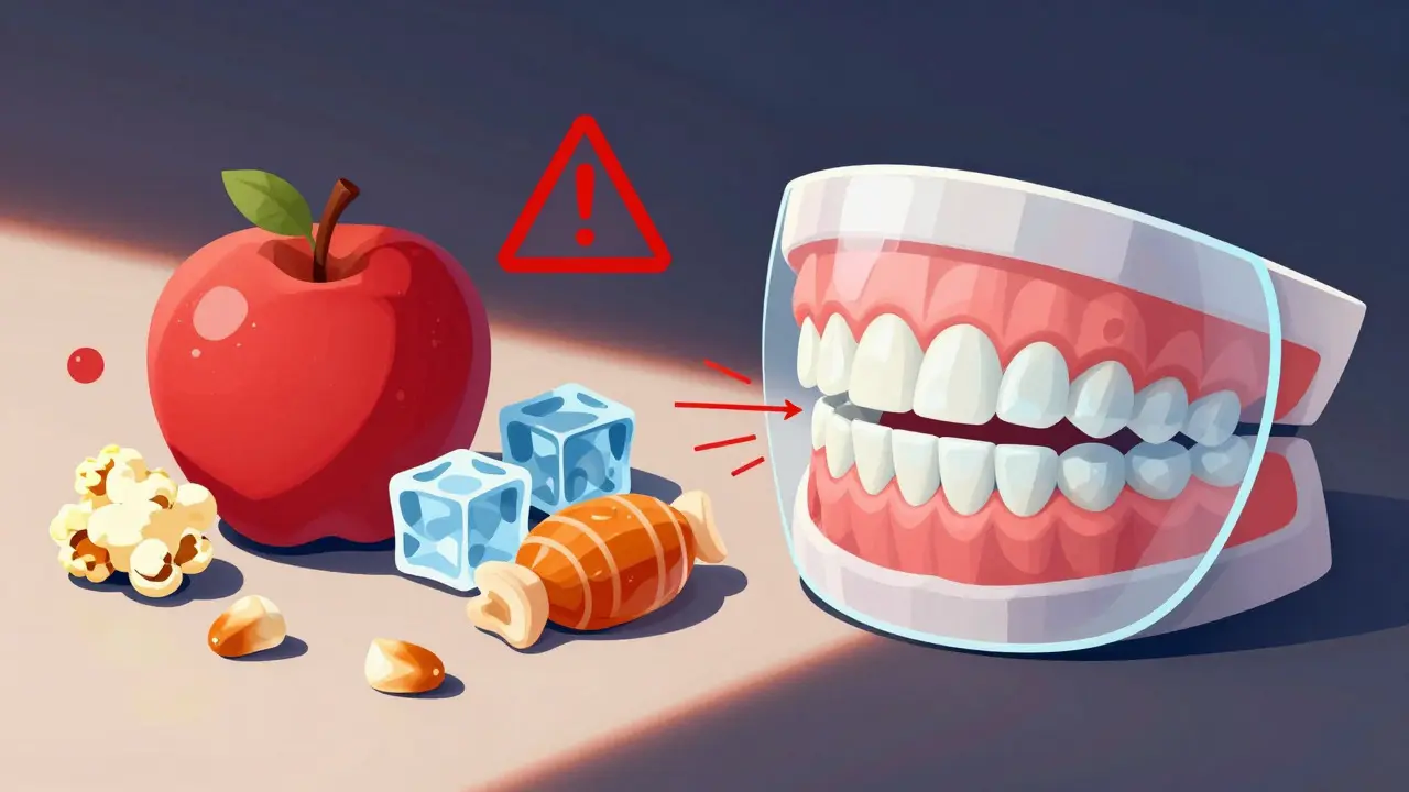 Ilustrace zakázaných potravin jako popcorn a tvrdé ovoce