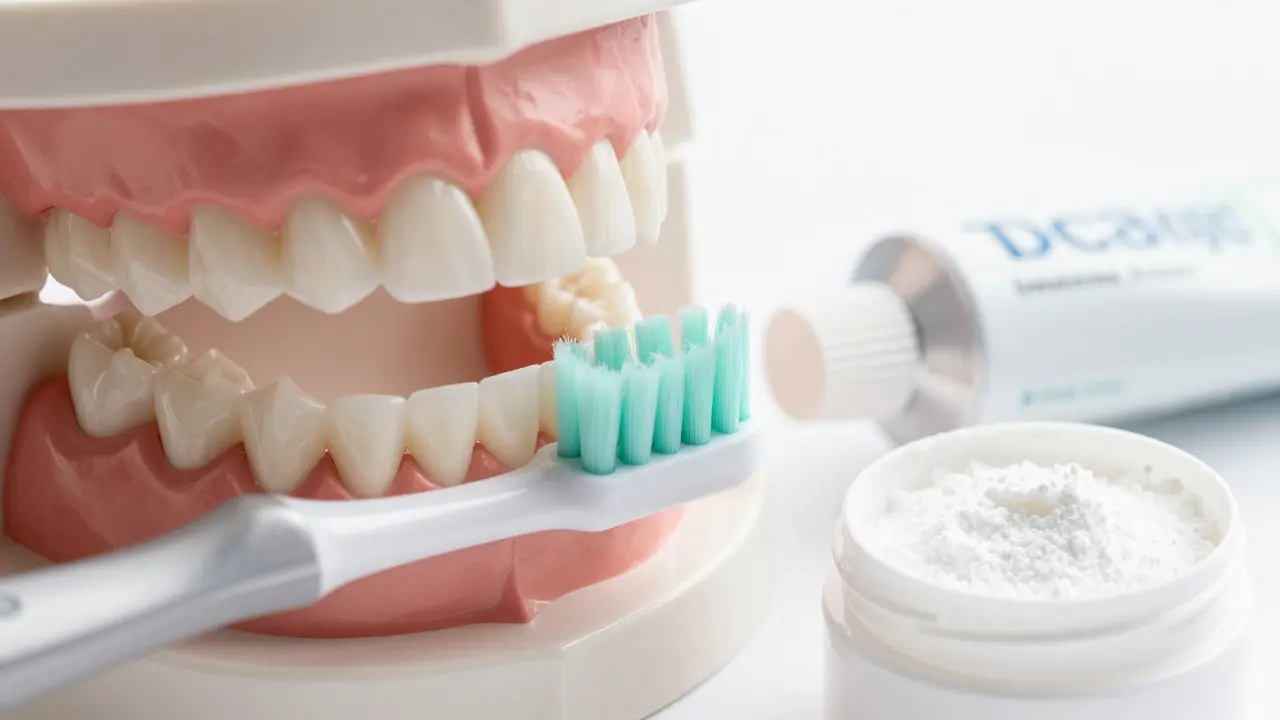 Interdentální kartáček mezi zuby s fluoridovým gelem