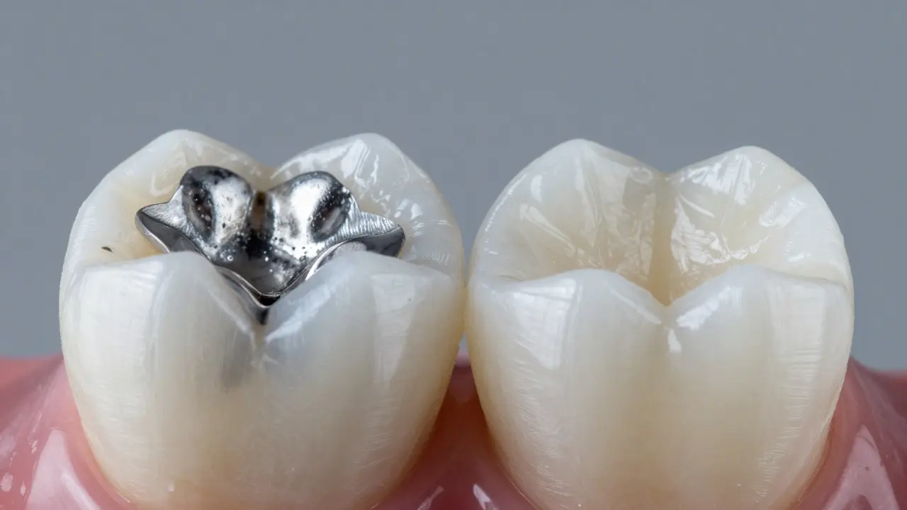 Makro záběr porovnávající šedý amalgam a bílou kompozitní plombu