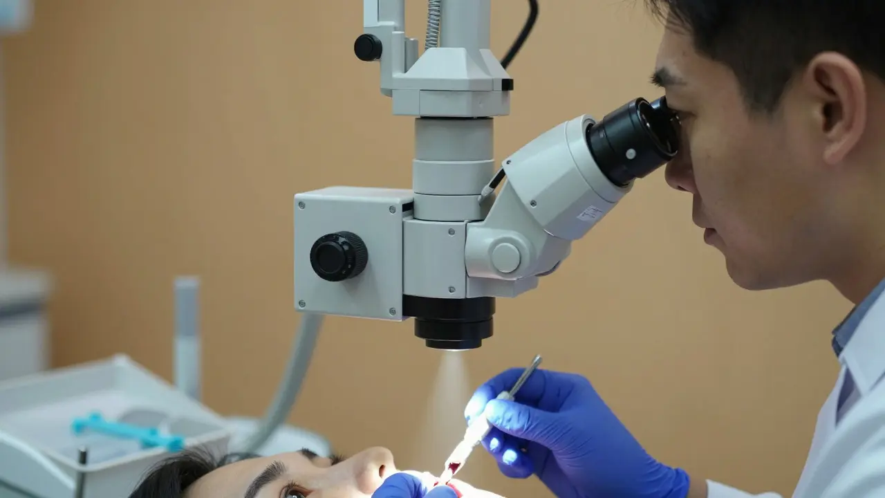 Stomatolog diagnostikuje prasklinu pomocí operačního mikroskopu