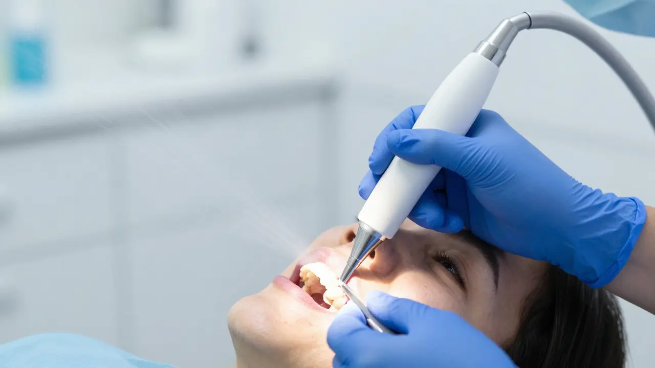 Stomatolog používá ultrazvukový scaler k čištění zubů