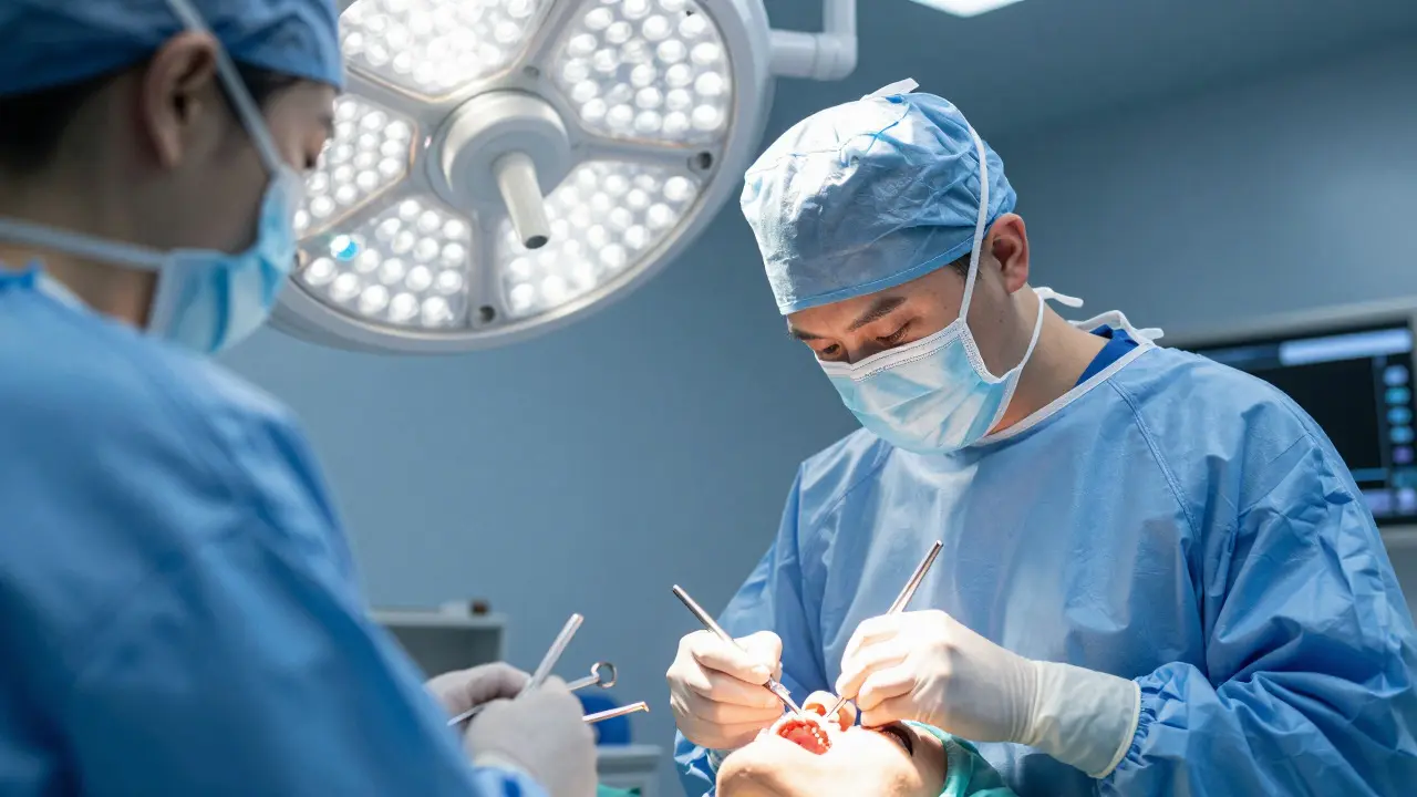 Maxilofaciální chirurg provádí precizní operaci čelisti v moderní operační místnosti