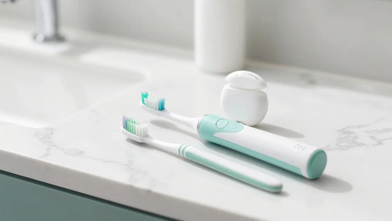 Nástroje pro ústní hygienu na čistém umyvadle