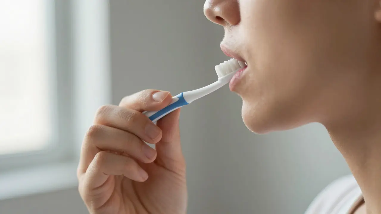 Osoba používající mezizubní kartáček pro prevenci kazu