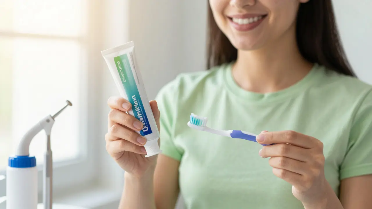 Osoba s prostředky pro domácí péči o zuby a nářadím hygienika