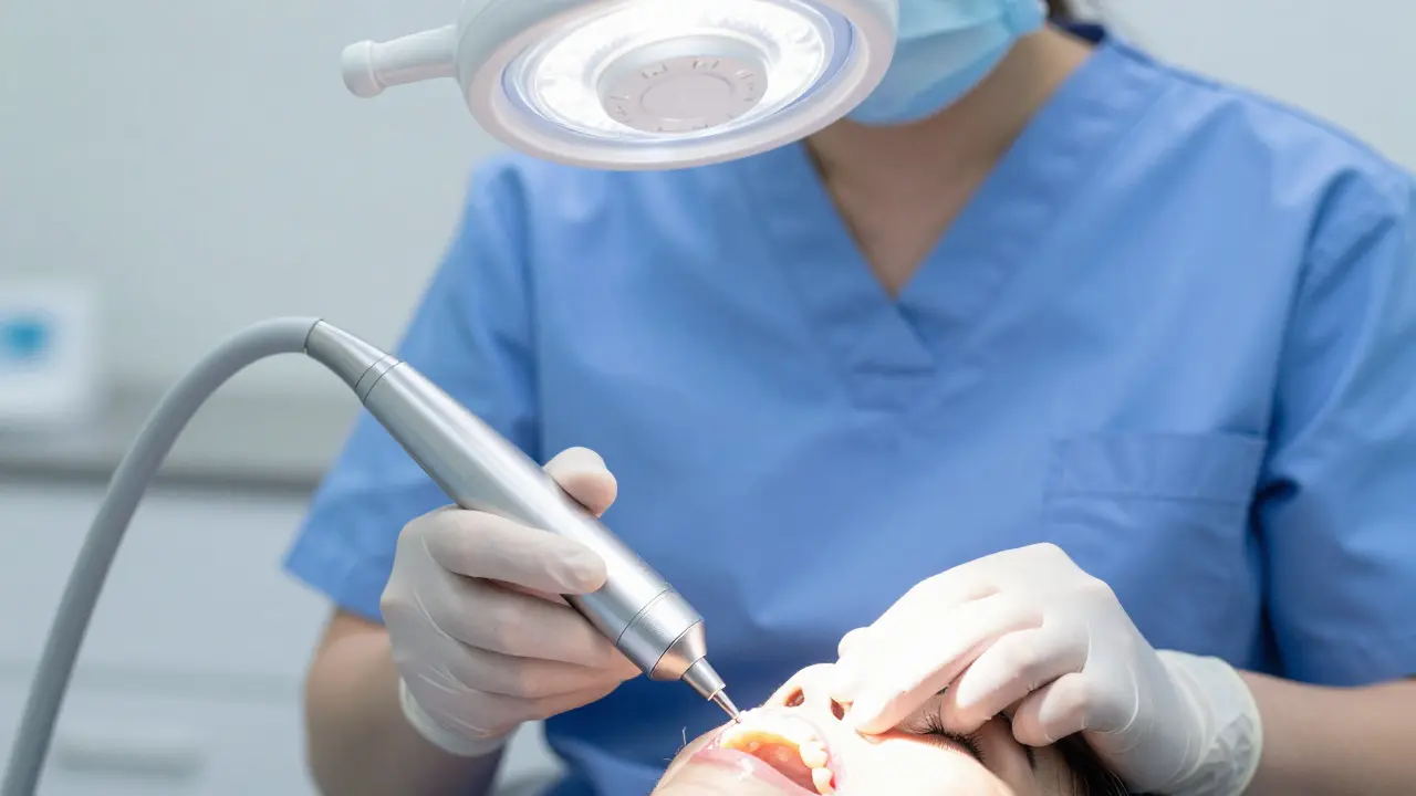 Profesionální dentální hygiena pomocí ultrazvukového přístroje v ordinaci.