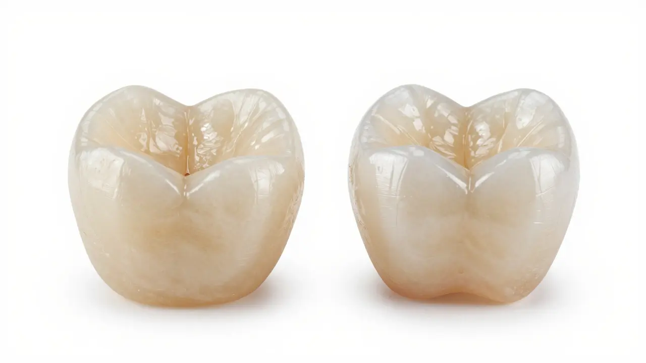 Side-by-side comparison of a matte temporary crown and a glossy ceramic crown