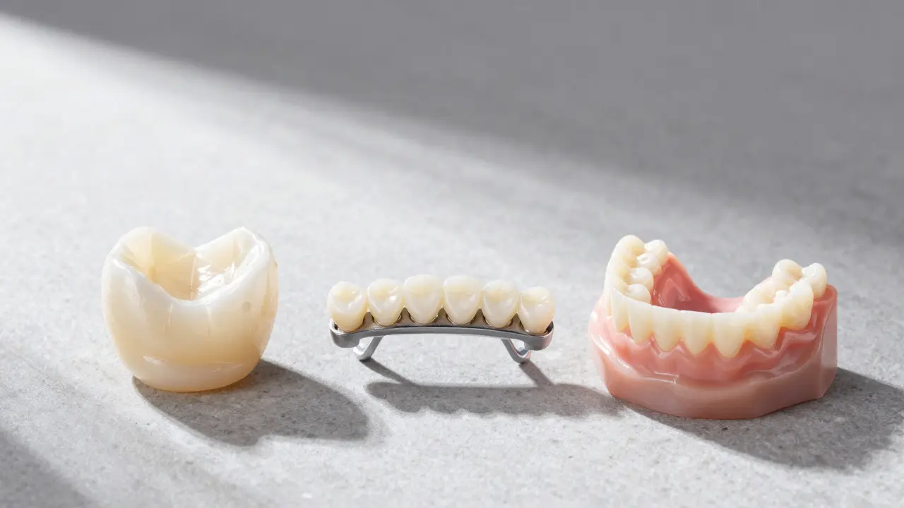 Srovnání korunky, mostu a implantátu na šedém povrchu