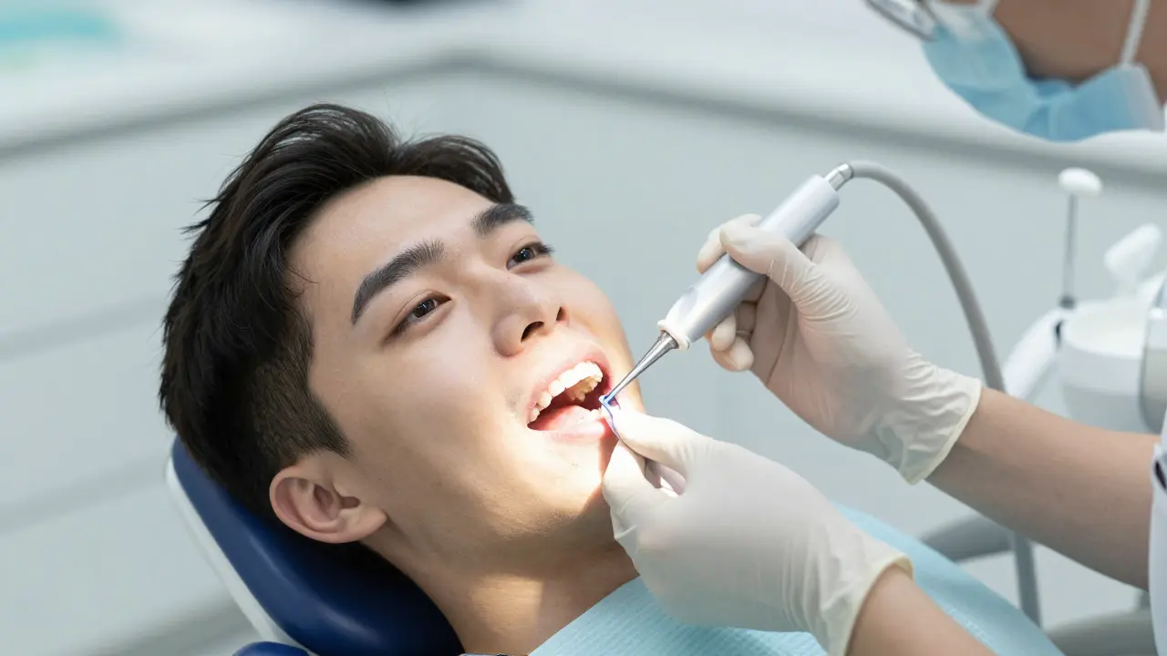Stomatolog aplikuje fluoridový gel na zuby pacienta v ordinaci