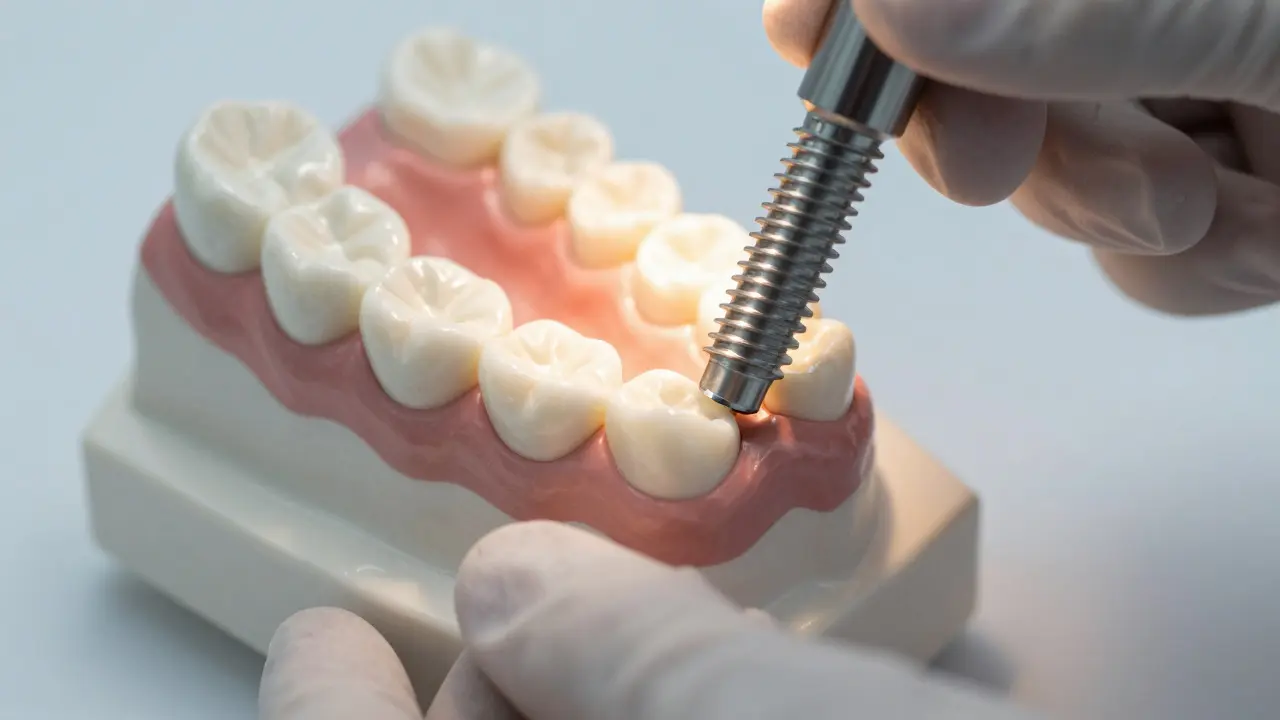 Titánový zubní implantát vkládaný do modelu čelisti