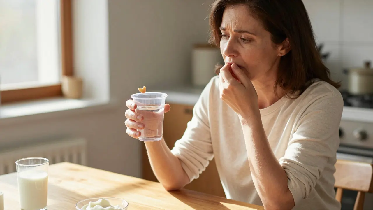 Woman holding a detached temporary tooth crown in a cup of water at home