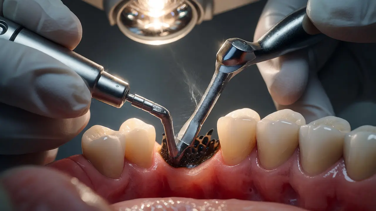 Dentální hygienistka odstraňuje zubní kámen pod dásní pomocí ultrazvukového přístroje.