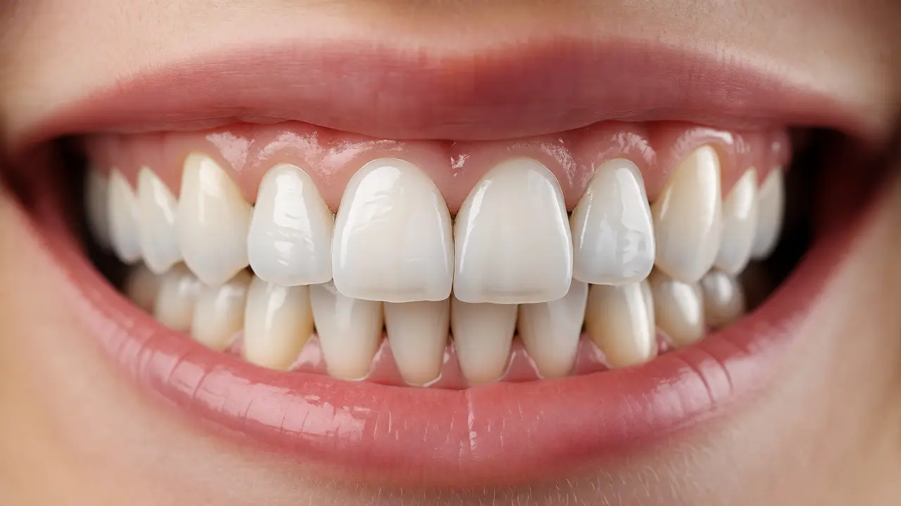 Detail přirozeného úsměvu s hotovými keramickými korunkami na implantátech.