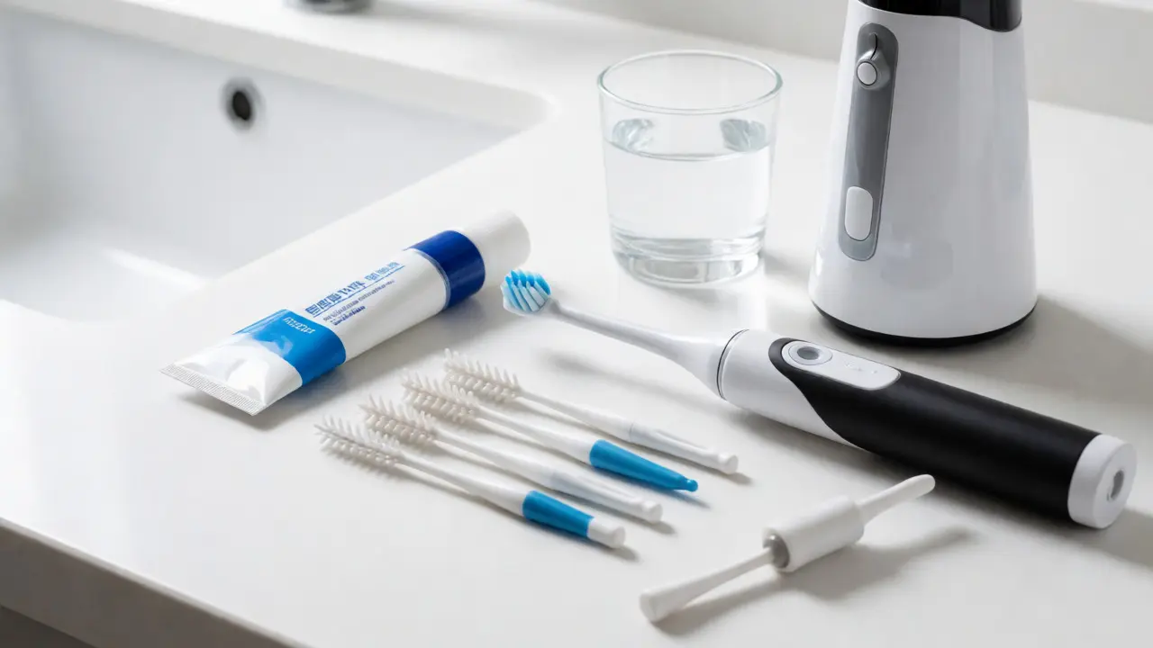 Hygienické pomůcky pro péči o zuby s rovnátky na umyvadle