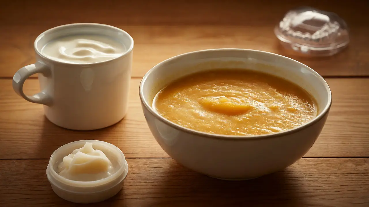Mísa jemného pyré a jogurt vedle ortodontického vosku