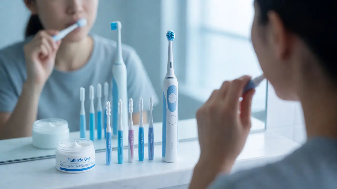 Nástroje pro ústní hygienu s rovnátky: kartáčky a gel
