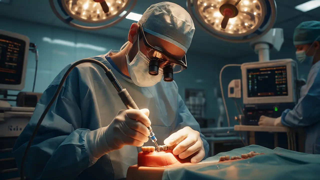 Orální chirurg zavádí titanový zubní implantát do čelisti pomocí přesného nástroje.