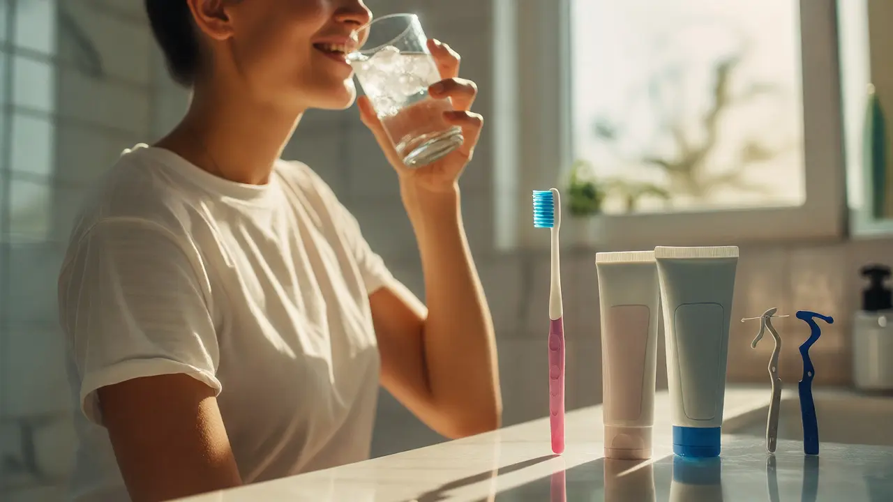 Osoba pijící studenou vodu bez bolesti vedle pomůcek pro ústní hygienu