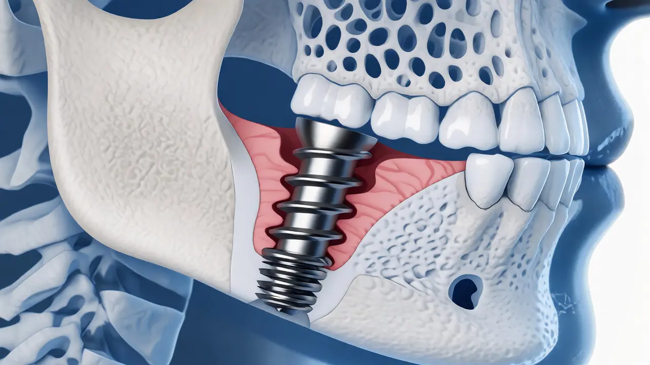 Řez čelistní kostí znázorňující srůstání titanového implantátu s kostí.