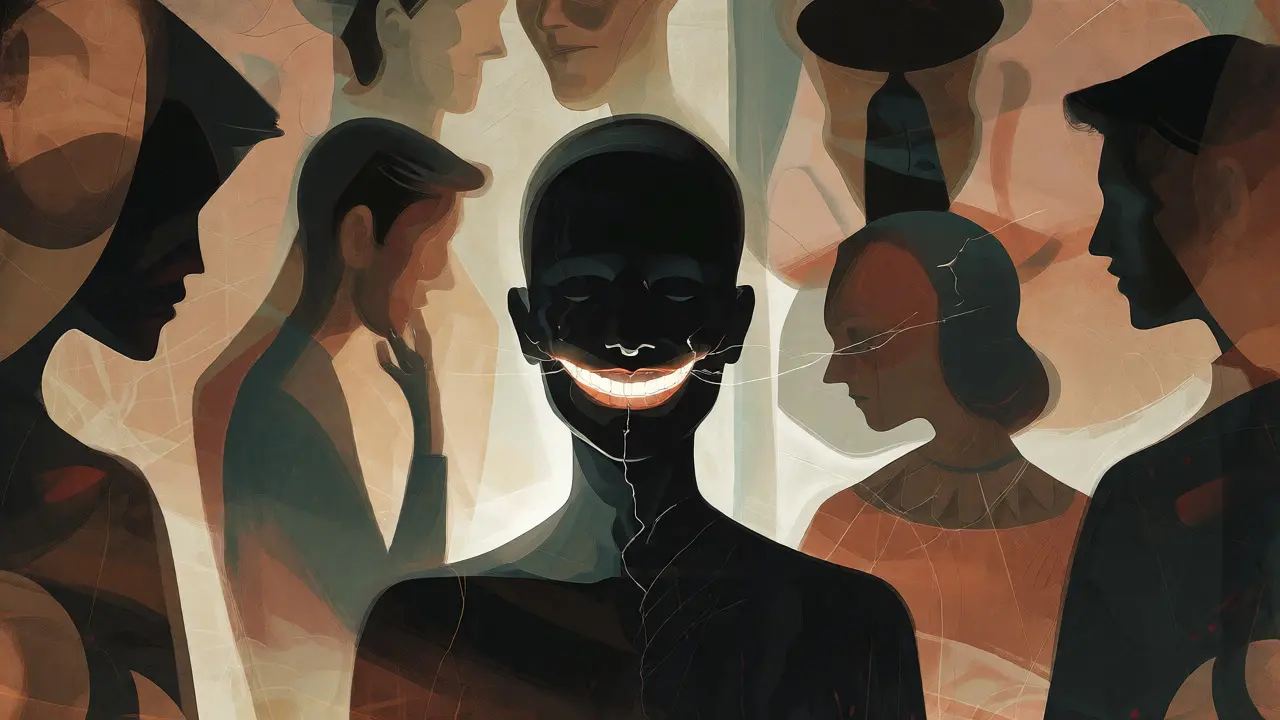Surrealistická ilustrace znázorňující psychickou zátěž spojenou s estetickým vnímáním chrupu.