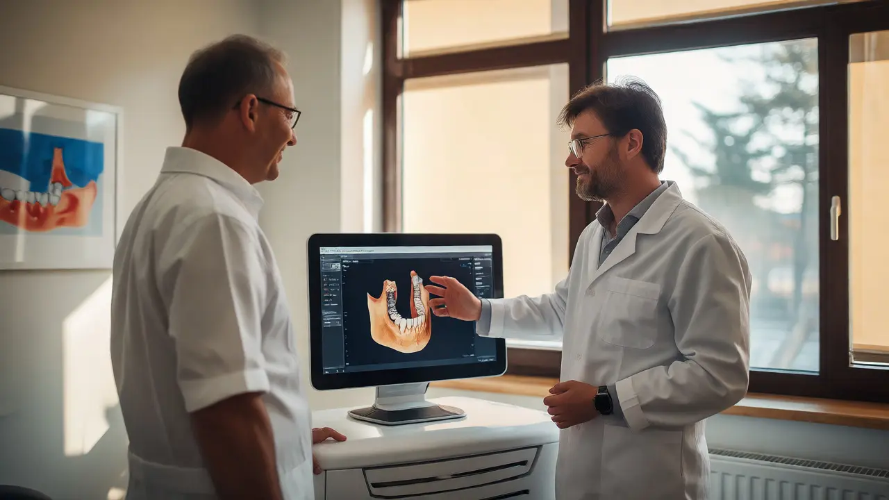 Tým stomatologů konzultuje 3D sken čelisti s implantátem v moderní ordinaci.