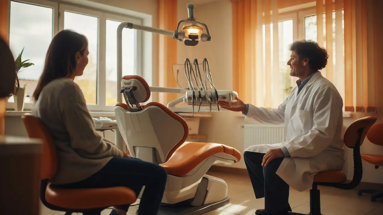 Zubní lékař vysvětluje postup léčby pacientovi v klidné ordinaci