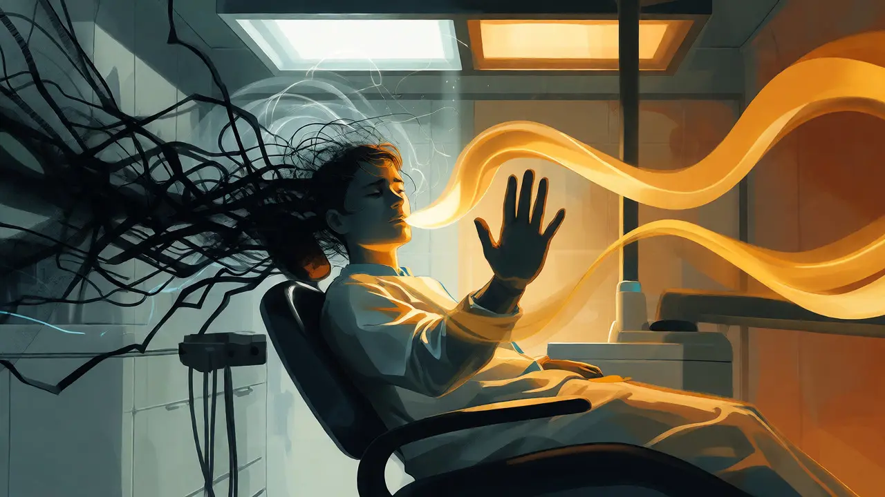 Abstraktní ilustrace přechodu od úzkosti k klidu pomocí dechových technik.