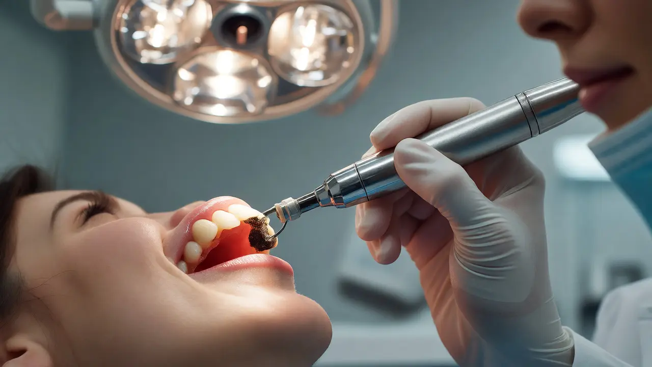 Dentální hygienistka odstraňuje zubní kámen ultrazvukem