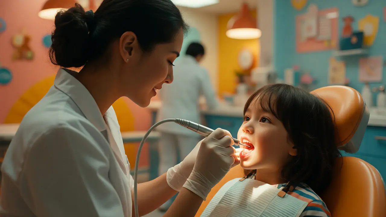 Dentista odstraňuje zubní kámen ultrazvukem u klidného dítěte
