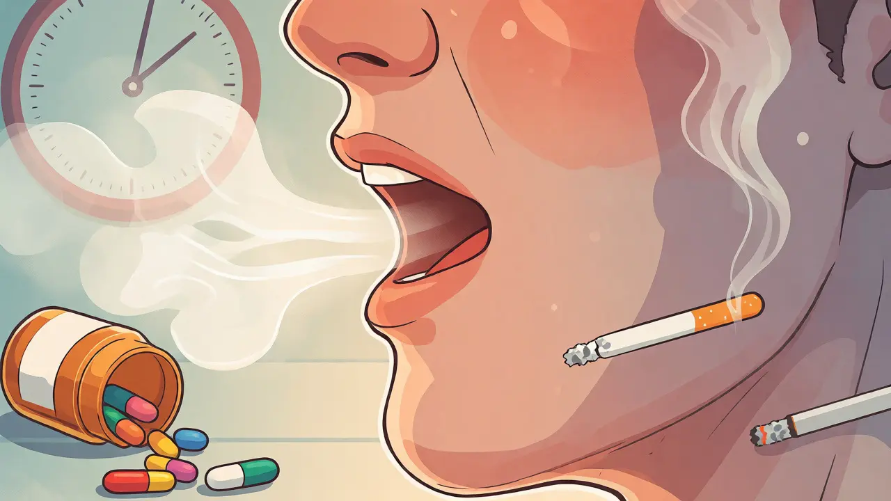 Ilustrace suchých úst s pilulkami a kouřem jako příčinami