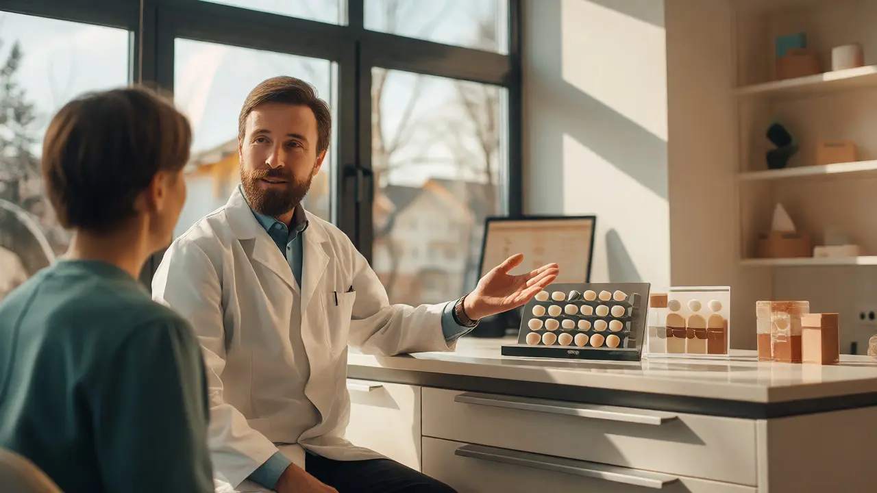 Konzultace u zubaře s ukázkou různých materiálů pro zubní náhrady ve světlé ordinaci.