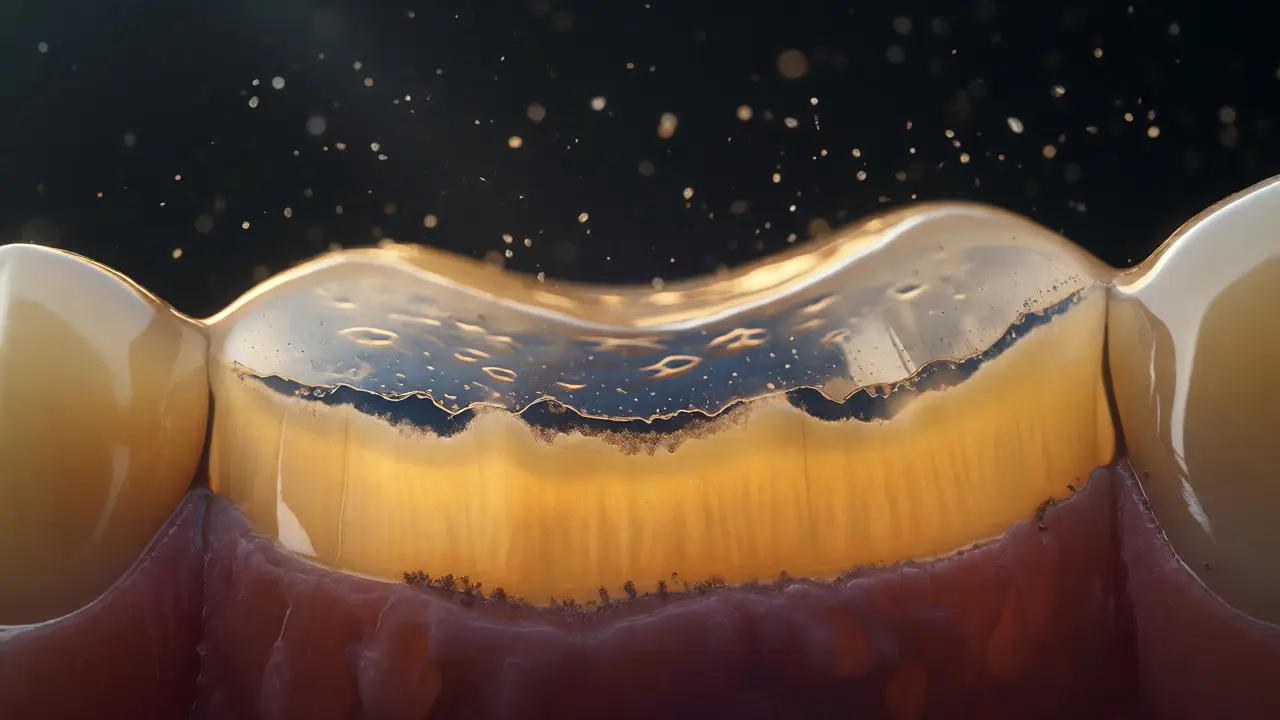 Makro pohled na tenčící se sklovinu odhalující žlutý dentin kvůli abrazivnímu působení.